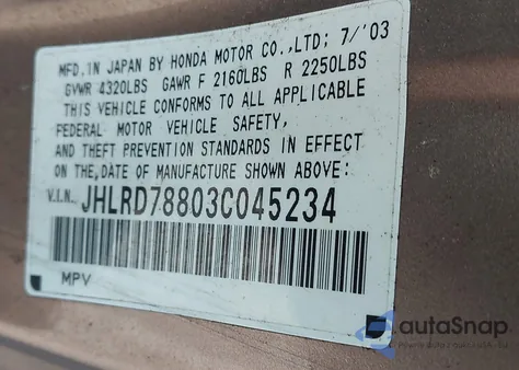 2003 Honda Cr-V Ex z USA, uszkodzony, nr VIN JHLRD78803C045234